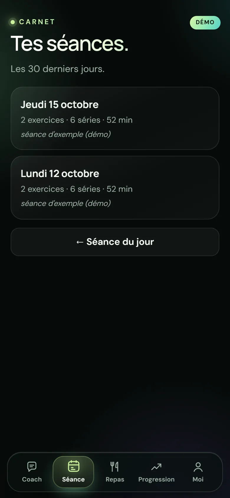 Écran Carnet de l'application Stelios : tes séances des 30 derniers jours